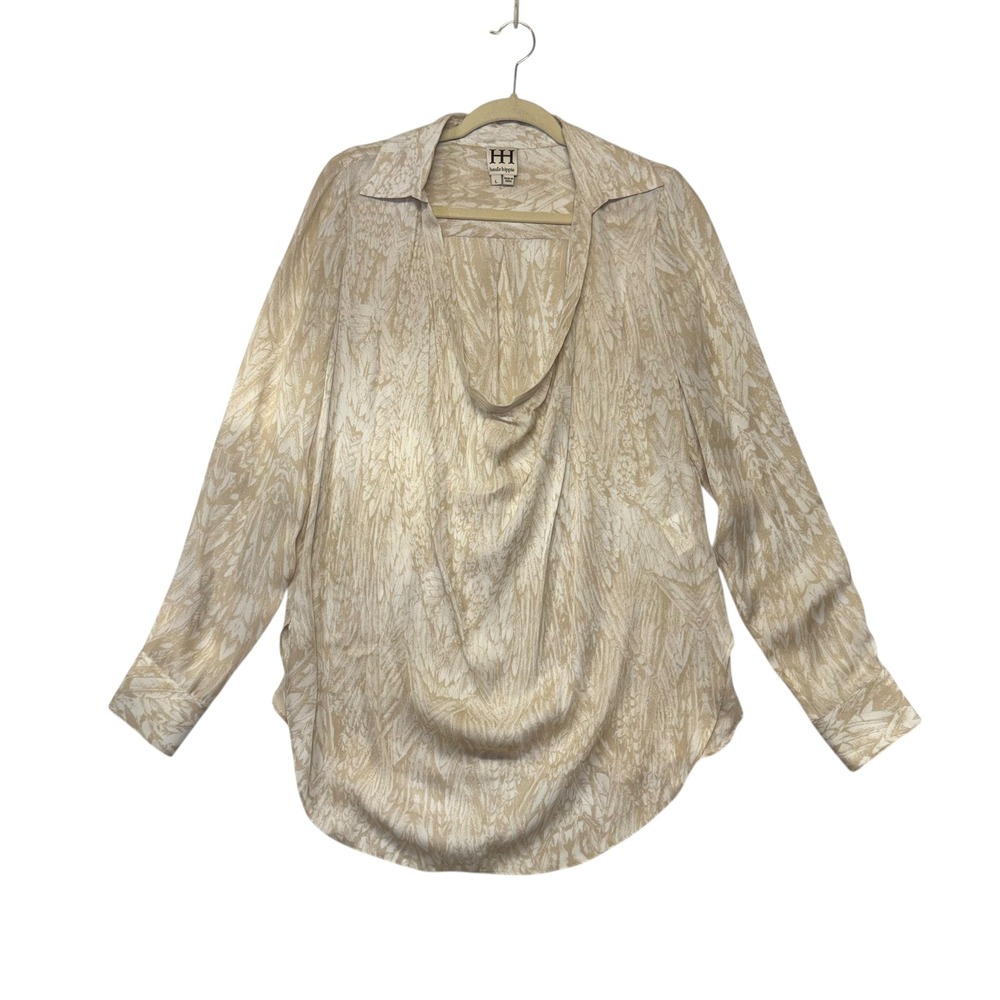 Haute Hippie Womens 100% Silk Cowl Neck Blouse‎ Feather Print Tan Cream Large
